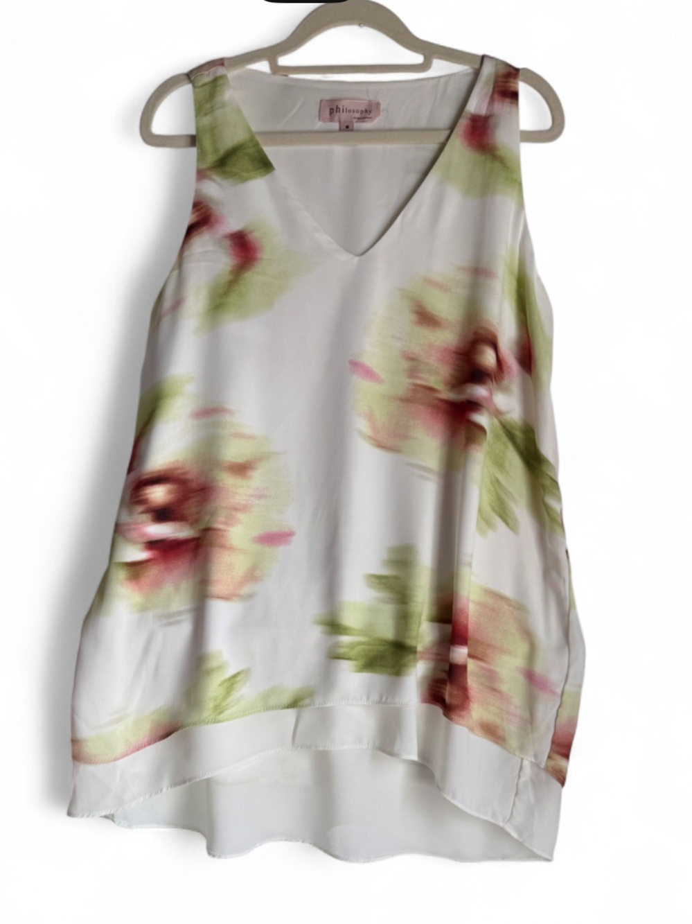 Philosophy Floral V-Neck White Tank with Pink Rose Print